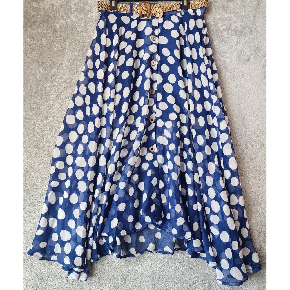 Truly 4 You Skirt Womens Medium Blue White Polka Dot Straw Belt Button Front